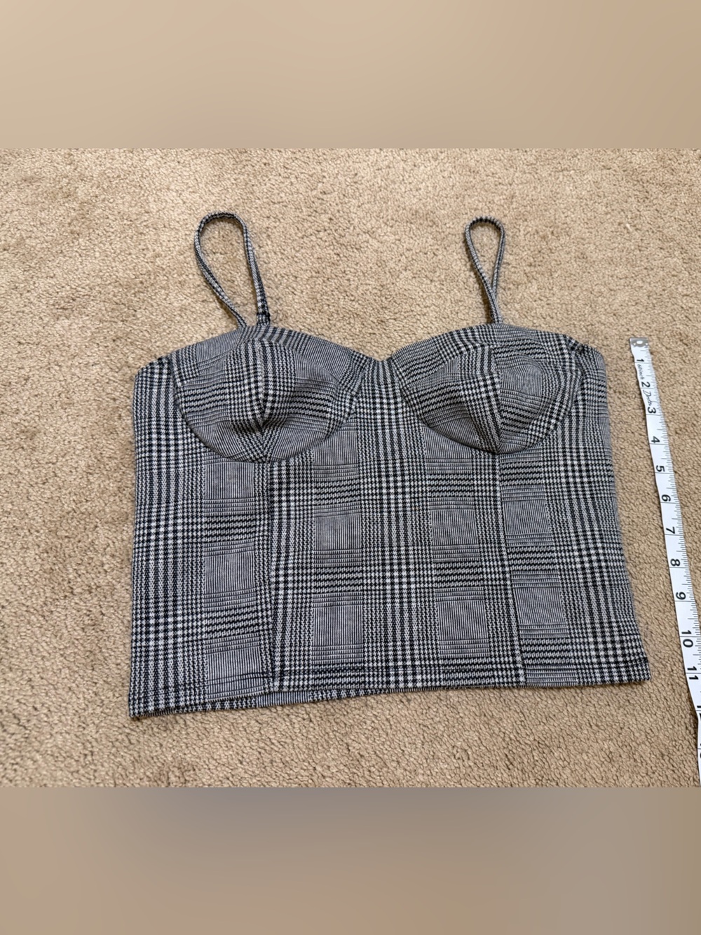 Plaid Bustier Crop Top with Spaghetti Straps - Black & White